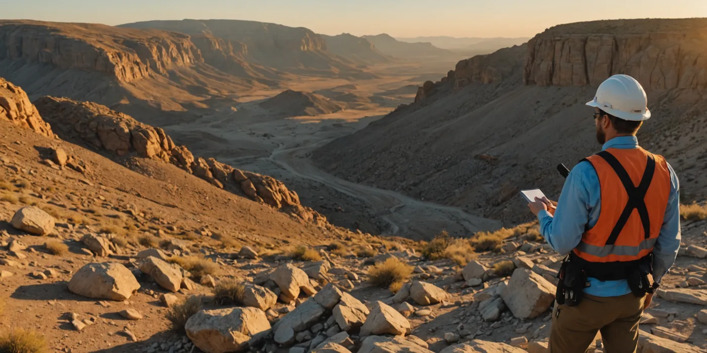 Open-pit mining site at dusk with survey equipment in foreground